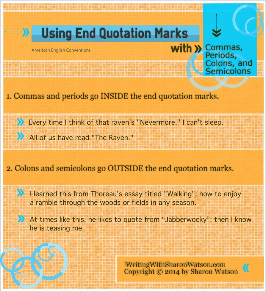 Whether in dialog or in essays and reports, commas, periods, colons, and semicolons follow clear rules used with quotation marks.